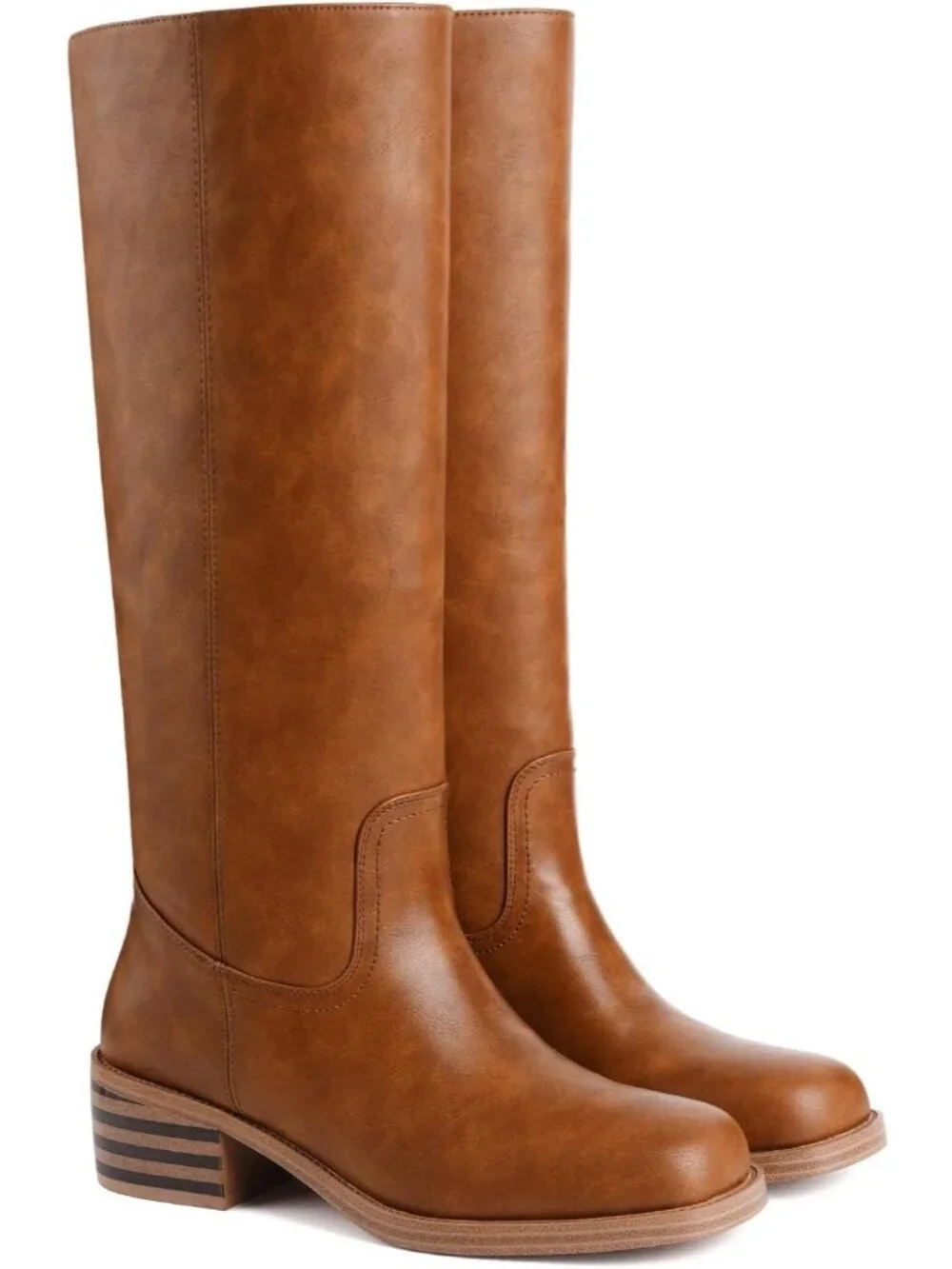 Women Saddle Brown Chunky Block Heel Square Toe Going Out Knee High Riding Boots
